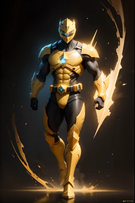 create a yellow power ranger , full body , mythic , black background ,a bit ancient theme