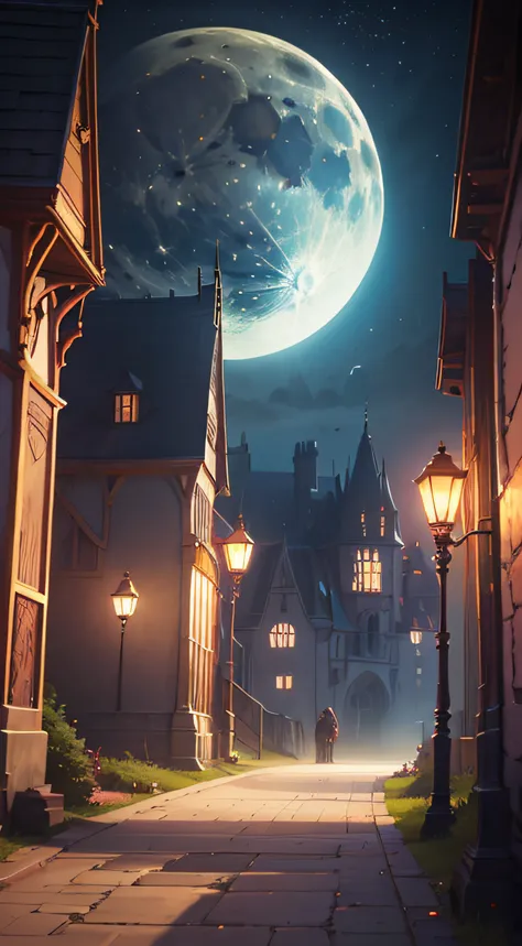 Anime dark gothic castle background, dark blue sky, light blue moon, a path to the kingdom, night scene, cinematic anime scene, 8k