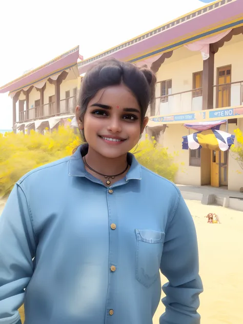 a indain girl with beautiful hair in beach,
with jeans and t-shirt,smiley face