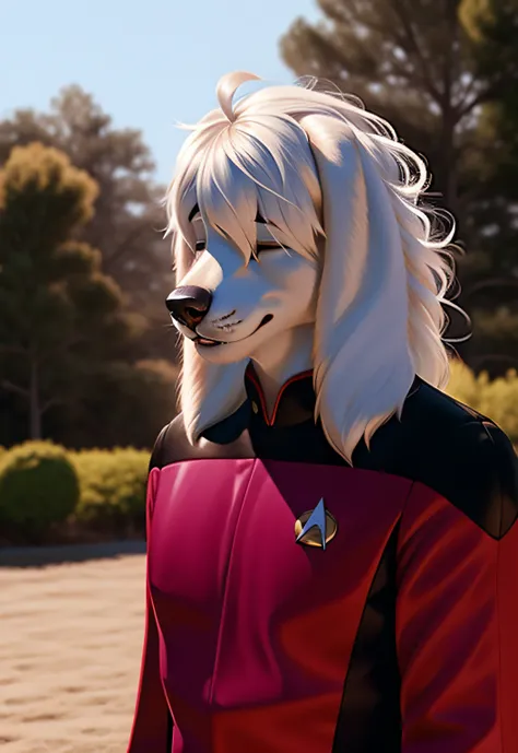 furry art, white dog with white hair covering eyes, long floppy ears, wearing red s3sttngsuit uniform, 8k, high detail, film gra...