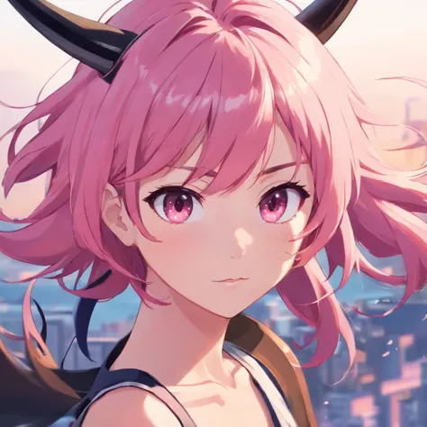 anime girl with pink hair and black horn and a tail, looking at the camera, close-up,Close View:1.15