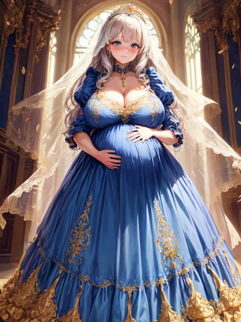 (masterpiece, best quality,extremely detailed:1.1),(moe anime art style:1.2),1girl,((full body,focus face)),((solo)), cute, kawaii,digital art,((1 bling-bling pregnant princess wearing beautiful embroidery and jeweled gorgeous rococo ballgown with jeweled ...