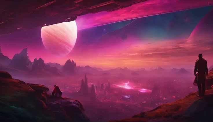 "Immerse yourself in a cyberpunk-inspired environment, A neon-lit world, Be captivated by the surreal sight of a ringed planet dominating the sky, Full of fascinating digital art."