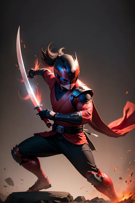 create a red ninja power ranger, full body , black background , holding katana , a bit samurai theme ,