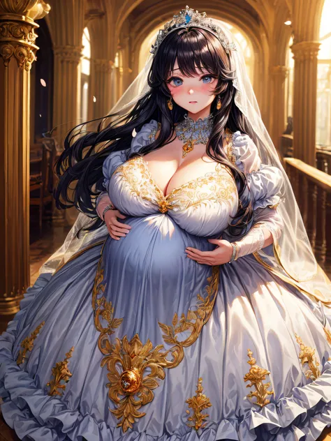 (masterpiece, best quality,extremely detailed:1.1),(moe anime art style:1.2),1girl,((full body,focus face)),((solo)), cute, kawaii,digital art,((1 bling-bling pregnant princess wearing beautiful embroidery and jeweled gorgeous rococo ballgown with jeweled ...