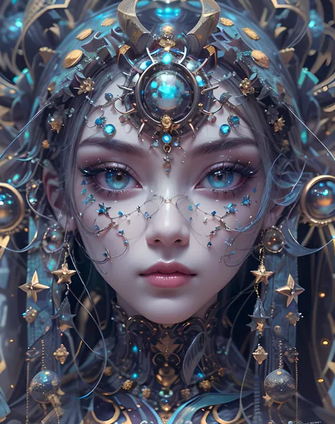 （best qualtiy，ultra - detailed，Most Best Illustration，Best shadow，tmasterpiece，A high resolution，professionalartwork，famousartwork），Eyes focus, extreme eyes details , Star sparkle particle around, Detailed eyes，beautidful eyes，closeup cleavage，sci-fy，color...