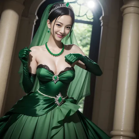 emerald tiara, Green Pearl Necklace, Boyish very short black hair, lipsticks, Japan woman smiling, Long green gloves made of satin material, very short short hair, fist, big breasts beautiful, Pregnant Woman