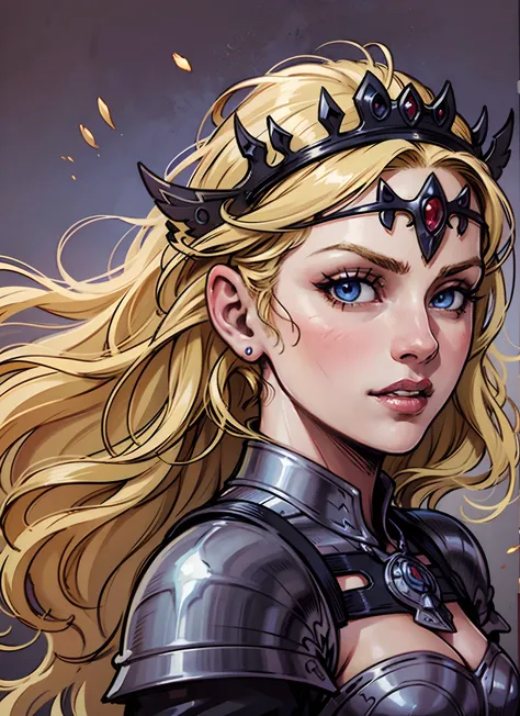 Medieval princess blond hair, blue eyes, tiara on head, wearing black armor, medieval times, early middle ages, dark ages, high detail face, 8k --auto --s2