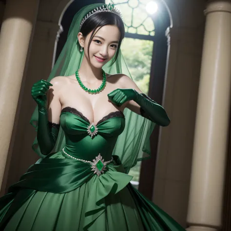 emerald tiara, Green Pearl Necklace, Boyish very short black hair, lipsticks, Japan woman smiling, Long green gloves made of satin material, very short short hair, fist, big breasts beautiful, Pregnant Woman