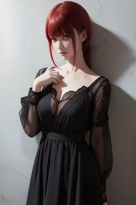 (masterpiece), (best quality),makima (chainsaw man),red hair,black dress,