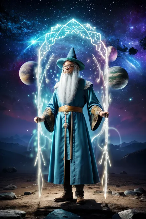 guttonerdvision10, "A full-body fantastical image of a wizard wearing glasses. He is dressed in medieval wizard attire, with a pointed hat, long white hair, and a beard. Blue and green rays are emanating from his hands. The scene is a mix of a magical port...