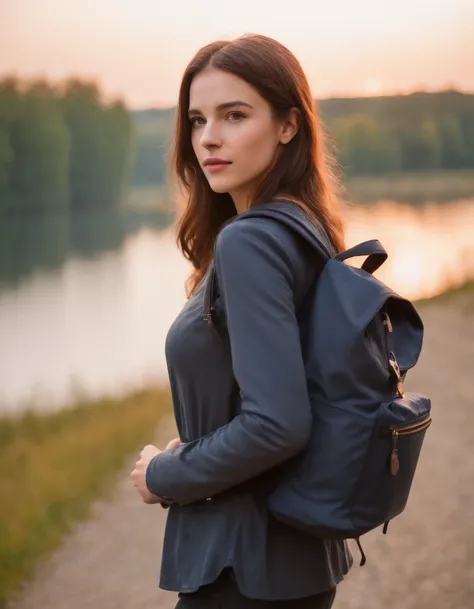 (Beautiful skyline, Herrlicher Himmel), (Dramatische und dramatische Grafiken, Bewegte Visuals), (Hanging North Star, colorful natural light), (an 18-year-old wonder beautiful girl, C-bust, lange braune Haare), (gutes Outfit, mit Rucksack), (Kanadischer or...