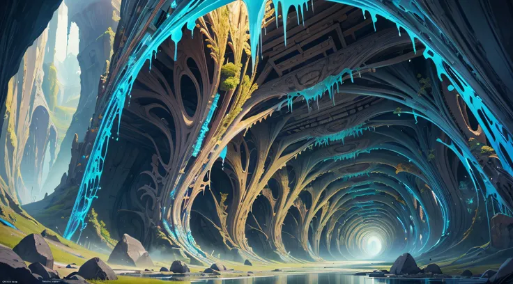 (masterpiece, top quality, best quality, official art, beautiful and aesthetic:1.2), extreme detailed,(fractal art:1.3),colorful,highest detailed in ultra detailed complex biomechanical hr geiger cave filled with rocks and stones and stalagmites and crysta...