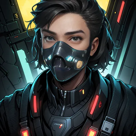 masterpiece, best quality, realistic, ultra detailed, sfw, head shot, a portrait of a young man, star sector, sci-fi style suits, hight-tech gadgets, head facing front,face mask, cyberpunk style --auto