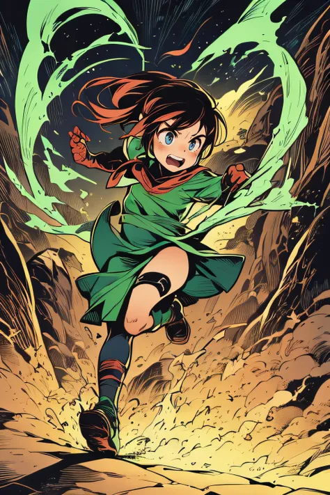 little bandit girl running through hell、green costume、green flame