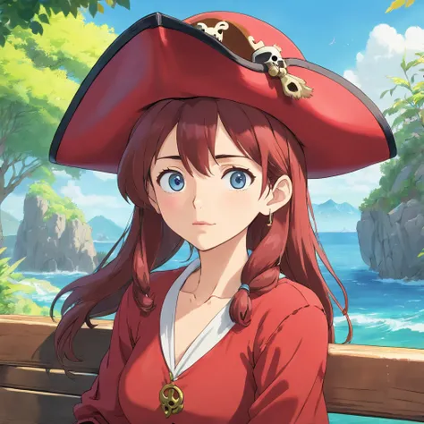 woman in a (red pirate hat:1.2) sitting on a bench, gazing at the blue sky, (beautiful detailed eyes, beautiful detailed lips), (medium:1.2) [illustration,photorealistic:1.37], (best quality,4k,8k,highres,masterpiece:1.2), ultra-detailed, (vivid colors, sh...