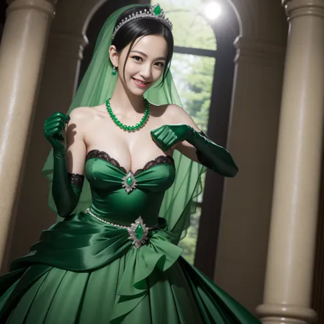 emerald tiara, Green Pearl Necklace, Boyish very short black hair, lipsticks, Japan woman smiling, Long green gloves made of satin material, very short short hair, fist, big breasts beautiful, Pregnant Woman