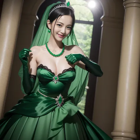 emerald tiara, Green Pearl Necklace, Boyish very short black hair, lipsticks, Japan woman smiling, Long green gloves made of satin material, very short short hair, fist, big breasts beautiful, Pregnant Woman