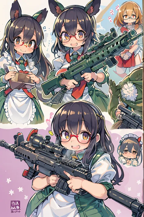 masutepiece, Best Quality, 1girl in, Empty eyes, Utsurome, maid, Smile,a child girl,Lori,(((Huge assault rifle))),rocket launcher、Multiple girls、big round glasses、