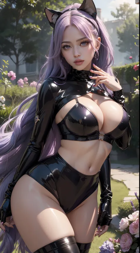 photorealistic Nicki Minaj as an Azur Lane waifu with lavender purple hair and black latex outfit, massive cleavage, breast indentation, beautiful, busty, large breasts, perfect ass, perfect body, solo, high res, highly detailed, slice of life, cute scene,...