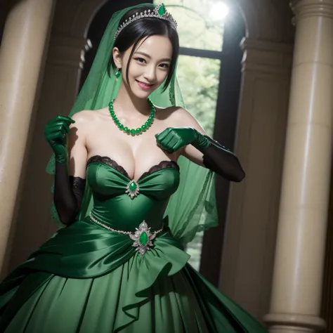 emerald tiara, Green Pearl Necklace, Boyish very short black hair, lipsticks, Japan woman smiling, Long green gloves made of satin material, very short short hair, fist, big breasts beautiful, Pregnant Woman