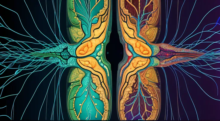 the interior of the body in a very large zoom, you can see the cells, the pituitary gland secretes endorphins, beta-endorfiny, amino acids, neurons produce neurotransmitter substances