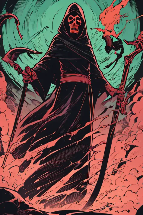 Grim Reaper with a Giant Scythe in Hell、Dark green costume、Purple and Red Flame