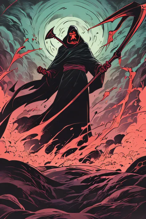 Grim Reaper with a Giant Scythe in Hell、Dark green costume、Purple and Red Flame