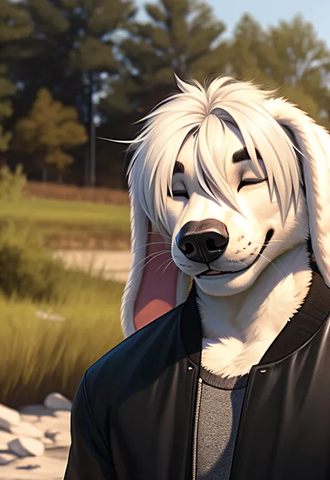 furry art, male white dog with white hair covering eyes, long floppy ears, wearing long black jacket, 8k, high detail, film grai...