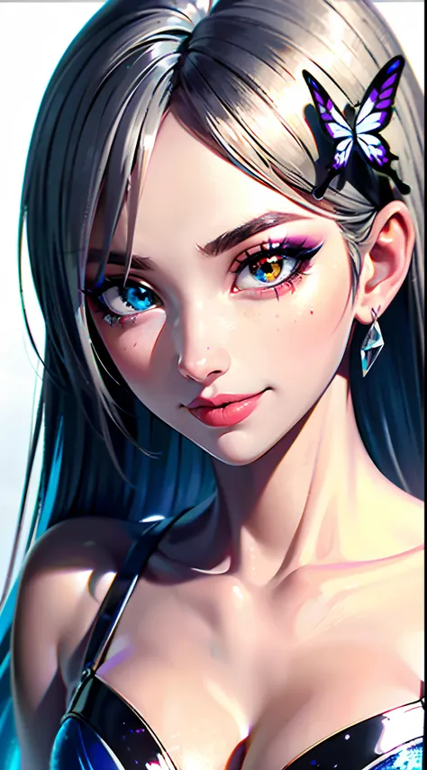 16k high quality wallpapers，Surrealist broken glass photo（Detailed eyes,Long eyelashes,Bright and colorful iris,Expressive eyebrows,Blend eyeshadow perfectly,Eyes sparkle,Reflective eyeballs，Heterochromia），（Silver-blue long-haired girl ， A lot of hair 1。3 ...