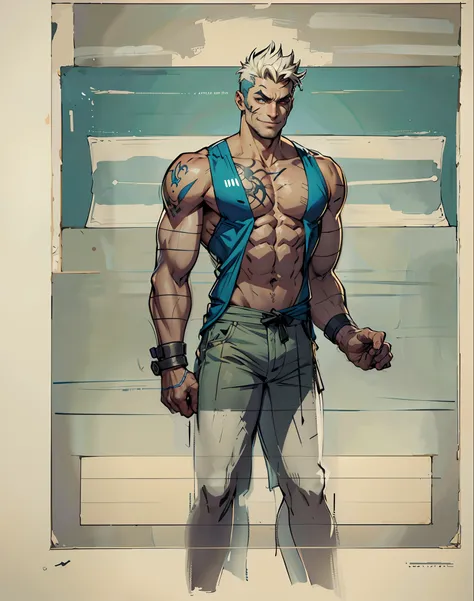 A middle-aged man with short hair, one eye covered by a bandage, and a cunning smile on his face, He is dressed in a sleeveless shirt, revealing a body covered in tattoos on the right side, This character design embodies the appearance of a wild and savage...