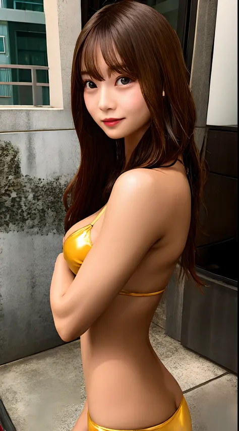 Beautie、(Tiny bikini)、((Oily body:1.5))、Dark indoor、On a dingy concrete floor、Midnight、Solo, (Lower breast:1.3)、(Embarrassed look)、Gold Metal、cleavage of the breast　、Beautiful woman in micro bikini、pin heels　、Well-groomed and beautiful face、slovenly, RAW P...