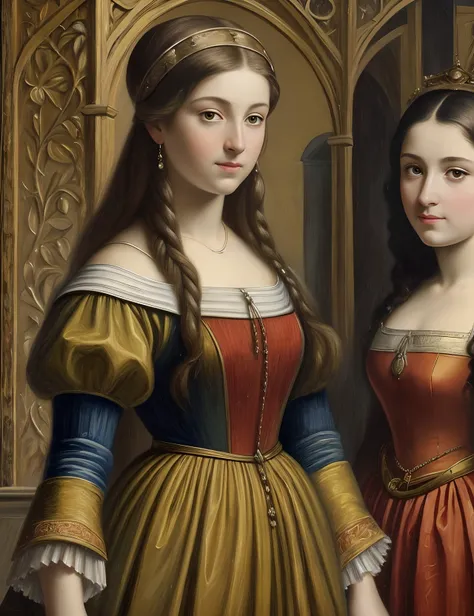 Two beautiful young women are in the French gallery, they are absorbed in the painting by magical events and turn into a painting of medieval women, in the painting, while the medieval women are free and leave the gallery, high detail of the face, 8k --aut...