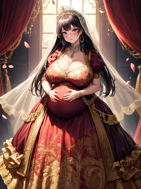 (masterpiece, best quality,extremely detailed:1.1),(moe anime art style:1.2),1girl,((full body,focus face)),((solo)), cute, kawaii,digital art,((1 bling-bling pregnant princess wearing beautiful embroidery and jeweled gorgeous rococo ballgown with jeweled ...