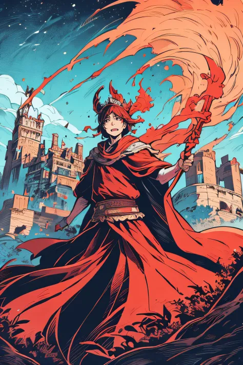 king of the crown、facing the front、red costume、castle in background、light blue flame