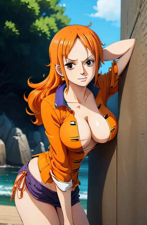 best quality, masterpiece, (leaning over:1.4) Nami (one piece) Orange hair, brown eyes, breasts apart, nipple exposed, good eyes, open clothes