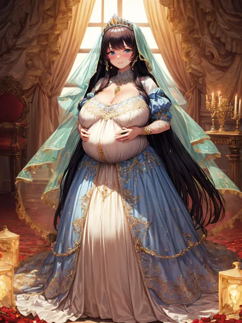 (masterpiece, best quality,extremely detailed:1.1),(moe anime art style:1.2),1girl,((full body,focus face)),((solo)), cute, kawaii,digital art,((1 bling-bling pregnant princess wearing beautiful embroidery and jeweled gorgeous rococo ballgown with jeweled ...