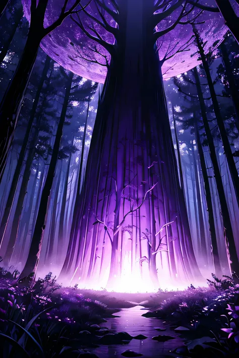 Dark forest, night, purple moon in the sky, in the center there is an old creepy well, a purple aura emanates.