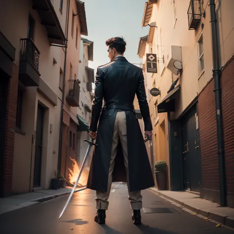 A man with coat and pant with sword in his back . Standing on a street and behind street is too much fire