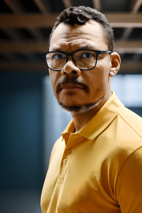 guttonerdvision10, "A shoulder-up portrait of a man wearing glasses, sporting a yellow polo shirt. The background is in a bokeh style, with studio lighting reminiscent of chiaroscuro. Highly detailed, realistic, 8k resolution."