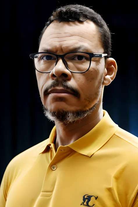 guttonerdvision10, "A shoulder-up portrait of a man wearing glasses, sporting a yellow polo shirt. The background is in a bokeh style, with studio lighting reminiscent of chiaroscuro. Highly detailed, realistic, 8k resolution."