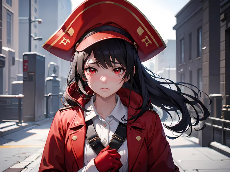 A solo, anime girl in a red coat and pirate hat, (sad:1.2), (crying:1.1), trending on ArtStation Pixiv, high detailed official artwork, ultra-detailed, realistic:1.37, professional, vivid colors, sharp focus, physically-based rendering, portraits, compleme...