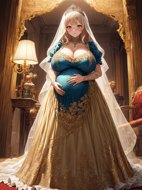 (masterpiece, best quality,extremely detailed:1.1),(moe anime art style:1.2),1girl,((full body,focus face)),((solo)), cute, kawaii,digital art,((1 bling-bling pregnant princess wearing beautiful embroidery and jeweled gorgeous rococo ballgown with jeweled ...