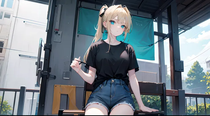 An 18 year old woman with blond hair, turquoise eyes, a ponytail with a black ribbon tied in the back, wearing jeans, a black shirt and shorts.  sitting on a chair under the evening sky