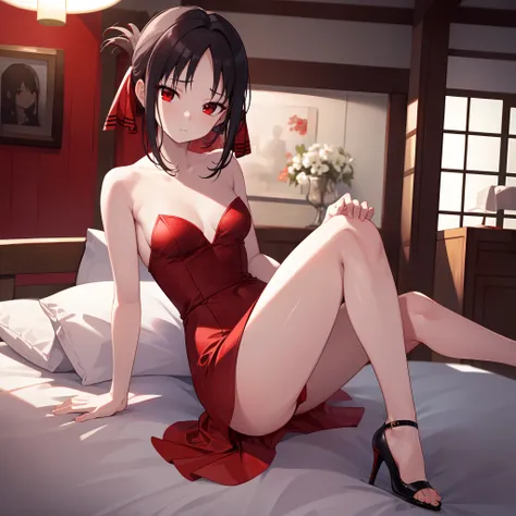 (masterpiece, best quality), 8k, 1girl, intricate details, thin, ((slim)), perfect face, expressive eyes, (red eyes:1.5) white skin, full_body, kaguya shinomiya wearing a split thigh formal red dress, material silk, open toe red heels, natural_hair, 1girl,...