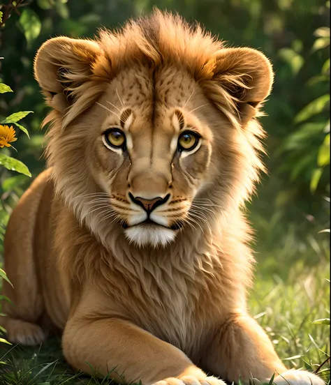 Award-winning portrait of a happy lion cub on the forest floor, bright, beautiful eyes, backlit butterflies, furry, bokeh, backlit, octane, unreal, epic composition