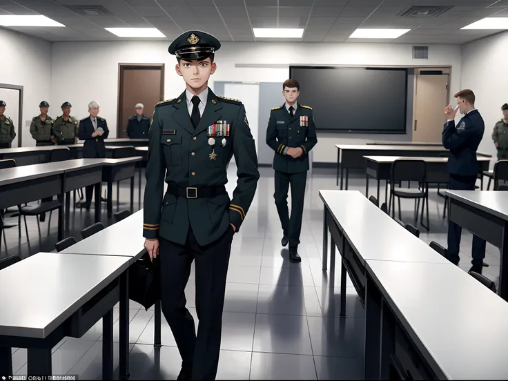 A young man，18yr old，in a soldier uniform，Look directly at the camera（1.5）In the background is a large courtroom hall，There are many large screens，The man standing in the courtroom，He was surrounded by crowds，The man is on trial in court，His expression of ...