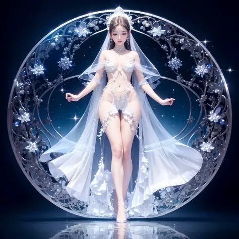 (Masterpiece:1.2),Crystal sculpture of female body,clear silhouette, Sparkling surface, Ethereal beauty, Intricate details, glowing reflections, Enchanting aura, Soft color palette, Delicate curves, Elegant Pose, Mesmerizing symmetry, Luminous transparency...