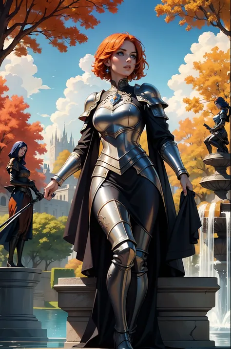 A beautiful and wonderful woman, extremely detailed, short orange hair, wearing extremely detailed Gothic armor, blue eyes in a fountain with statues in a medieval public square, palace, blue sky full of clouds and autumn trees.