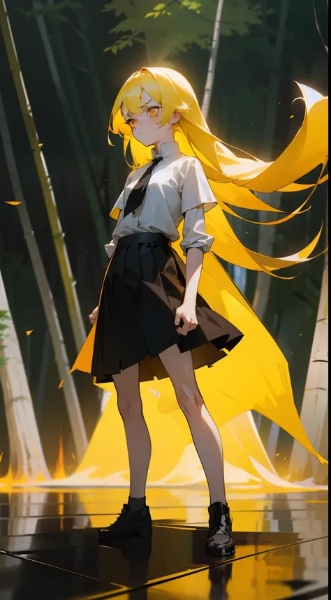 1girl small,solo,20s,angry face,(((woman face))),white shirt,black skirt, yellow hair,long hair,yellow eyes,(closed arms),burning body,burning on floor,(((standing in front of a forest)))